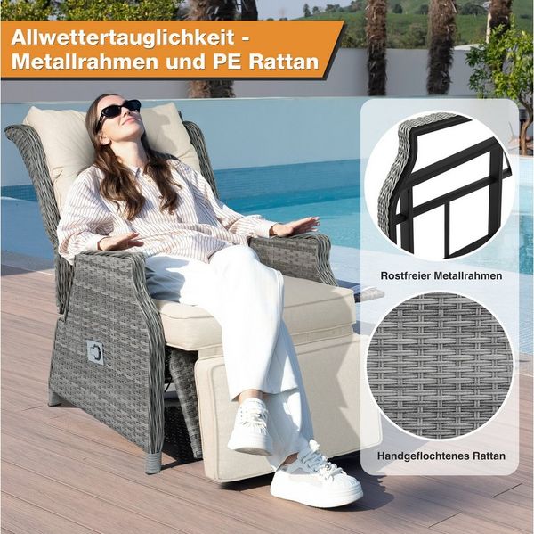 HOMECALL Rattanstuhl Gartensessel Indoor Verstellbar Liegestuhl Gartenliege balkonliege (Wetterfester Rahmen, klappbarem Beistelltisch und Fußstütze, 1 St), COMLAX FIELD