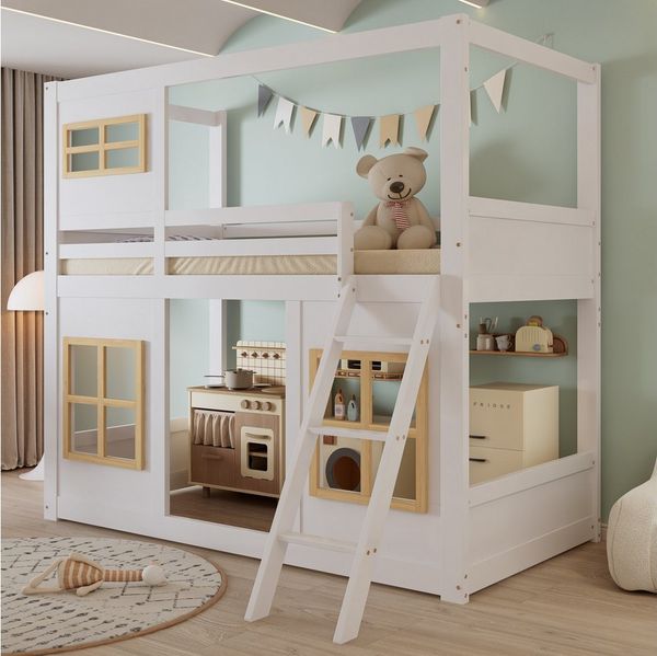 Flieks Etagenbett, Hausbett Kinderbett 90x200cm mit Fenster, Leiter und Rausfallschutz