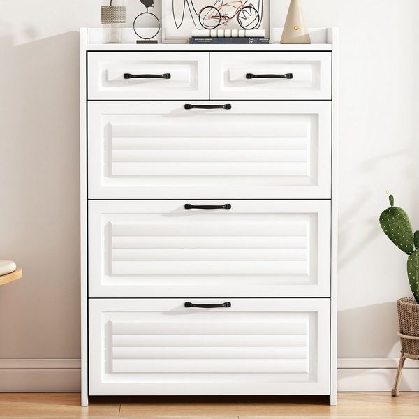 Refined Living Schuhschrank Schuhkommode mit drehbarem Schuhschrank, Schuhregal Holzschuhschrank (Maße: B80/T23.5/H120 cm, bestehend aus drei großen Klappen und zwei Schubladen, Modernes minimalistisches Design, mit schwarzen Griffen, 1-St, Stabile und...
