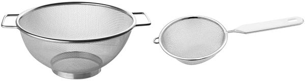Fackelmann Sieb Ø 26 cm, Küchensieb, feinmaschiger Seiher mit 2 Griffen (Silber), 1 Stück & Sieb Ø 10 cm, Küchensieb aus Edelstahl, feinmaschiger Seiher mit Griffeinlage (Weiß/Silber), 1 Stück