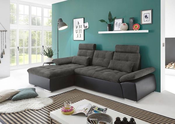 Ecksofa Couch Schlafcouch Schlafsofa Lederlook schwarz grau Ottomane links LForm
