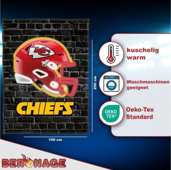 Wohndecke NFL Kansas City Chiefs Decke 150x200cm Wellsoft Kuscheldecke Wohndecke, BERONAGE, passend zur Bettwäsche, ideal für Sofa, Couch, Bett, Auto, Camping