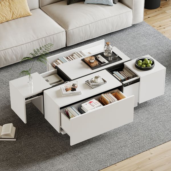Couchtisch Sofatisch Wohnzimmertisch, quadratisch, Patchwork-Farben, Hochglanzoptik, vier Schubladen, verschiebbare Tischplatte, Tragkraft bis 30 kg, Holz, weiß bunt, 100 x 60 x 40 cm