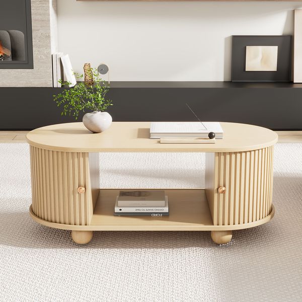 Couchtisch oval 100 x 50 x 40 cm mit Stauraum, Rolltüren und MDF in Holzfarbe