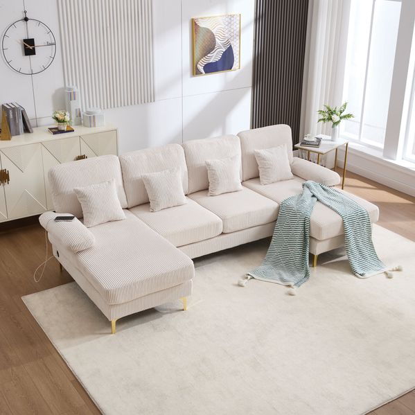 U-Sofa 265 x 135 x 88 cm mit LED-Beleuchtung und USB-Anschluss – Wohnlandschaft aus Velvet in Beige