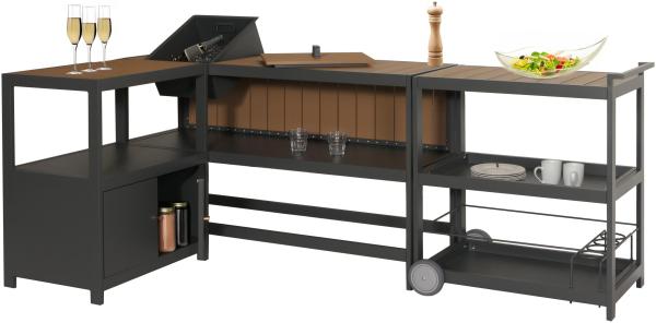 Aluminium Outdoor-Küche 3-teilig HWC-M64, Außenküche Garten Servierwagen Eiskübel Schrank ~ anthrazit, helle Holzoptik