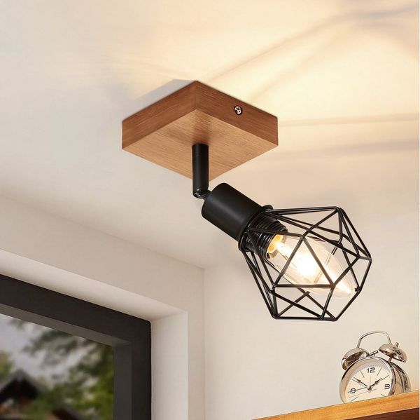 ZMH Deckenleuchten Schwarz Deckenspot - E14 Vintage Schwenkbar 350° für Flur Wohnzimmer, Augenschutz, LED wechselbar, Holz Deckenlampe, Schlafzimmer Küche