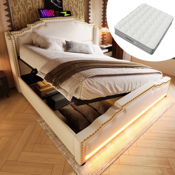 Polsterbett 140×200 cm aus Samt-Stoff mit Stauraum, LED-Beleuchtung und Matratze, beige