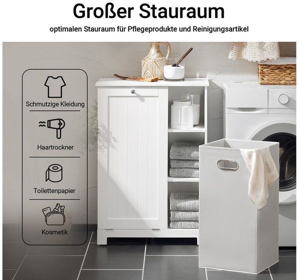 SoBuy Wäscheschrank Badezimmerschrank, Wäschekorb, Badmöbel, Badschrank mit 3 Regale Badschrank mit Wäschesack Wäschetruhe Wäschesammler Wäschekorb Weiß