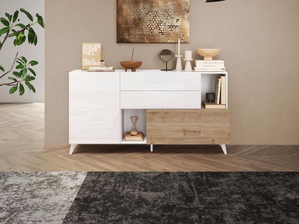 Vente-unique - Sideboard mit 2 Türen, 2 Schubladen & 2 Ablagefächern - Holzfarben & Weiß lackiert - DONALA