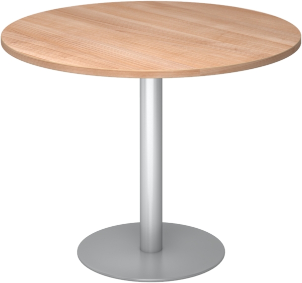 bümö Besprechungstisch, Esstisch klein, Tisch rund 100 cm - kleiner Esstisch Nussbaum, Rundtisch Esstisch 2 Personen mit Holz-Platte, Säule aus Metall in silber, Konferenztisch, Bistrotisch, STF10-N-S