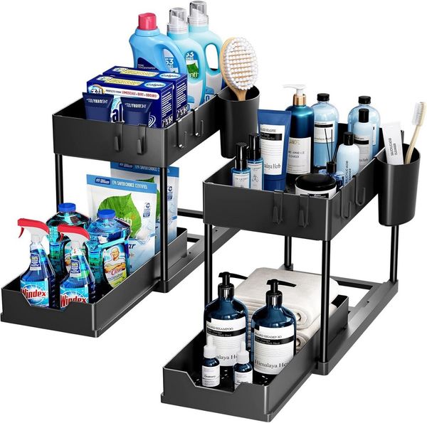 SURFOU Ablageregal Arbeitsplatte Badezimmer Schubladen Küchen Organizer Regal, Multifunktionales Spülschrankregal mit Schublade, 8 Haken und 2 Tassen, 2-Stufiges Lagerregal mit Ausziehbaren Schubladen