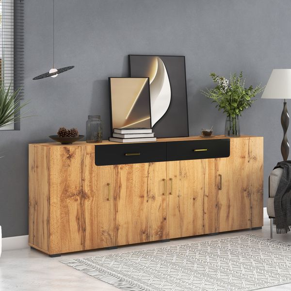 Sideboard mit 4 Türen & 2 Schubladen, 208 x 39,5 x 80 cm, Braun