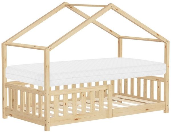 ML-DESIGN Spielbett Hausbett Kinderbett inkl. Lattenrost & Rausfallschutz Kinder Bodenbett, Abenteuerbett 80x160 cm mit Matratze Himmelbett Kiefer Jugendbett Natur