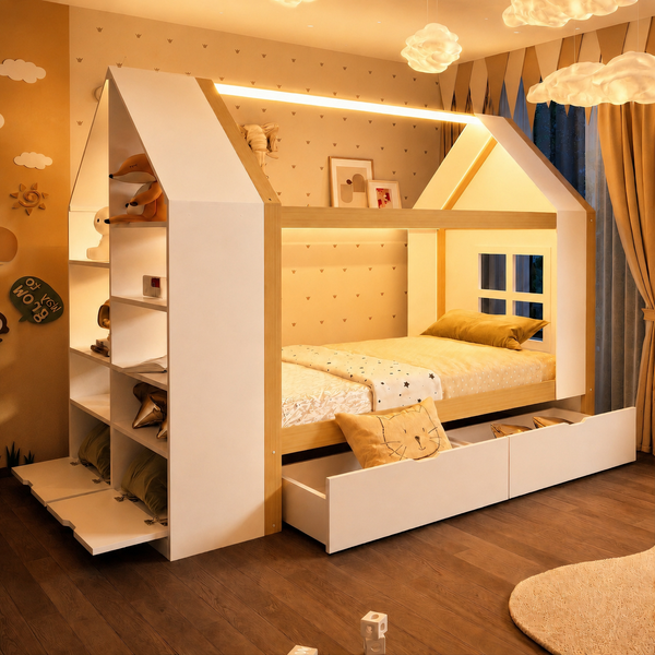 Merax Kinderbett 90*200cm, Einzelbett, Jugendbett, Hausbett, Hausförmiges Design, mit zwei Schubladen, mit LED, mit Stauraum, Multifunktionsbett, Weiß + Rohholzfarben