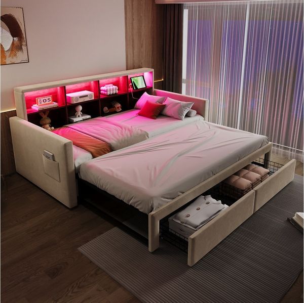 OKWISH Schlafsofa Polsterbett Funktionsbett, mit LED-Kopfteil, Steckdosen & Schubladen, Ausziehbares Kinderbett 90/180x190 cm, ohne Matratze
