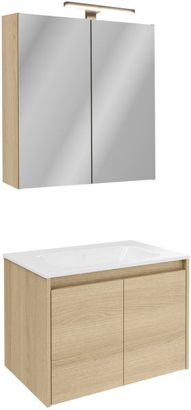 FACKELMANN COMPACT LINE Waschtisch Set mit Spiegelschrank 71 cm breit, Braun hell, Waschbecken Keramik Weiß, inklusive Aufsatzleuchte und Energie Box