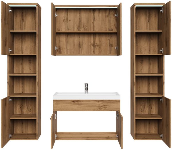 Badplaats Badmöbel Komplettset Paso XL LED 80 x 40 cm Eiche - Badezimmermöbel mit Waschbecken, Spiegelschrank und 2 Badezimmerschränke Bild 4