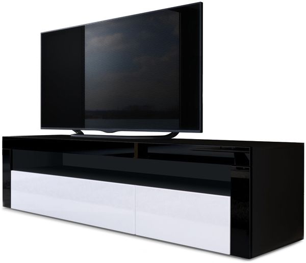 Vladon Lowboard Valencia, TV-Kommode mit 1 offenem Fach und 2 Klappen, Schwarz matt/Weiß Hochglanz/Schwarz Hochglanz (155 x 46 x 40 cm)