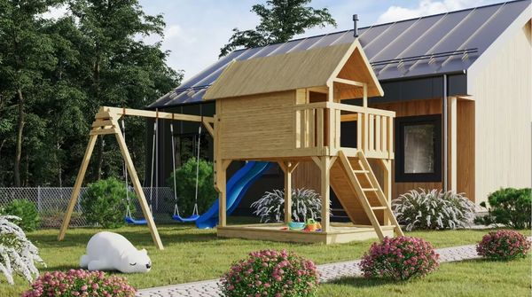 Karibu Stelzenhaus Fidel naturbelassen mit Doppelschaukel Mit blauer Rutsche