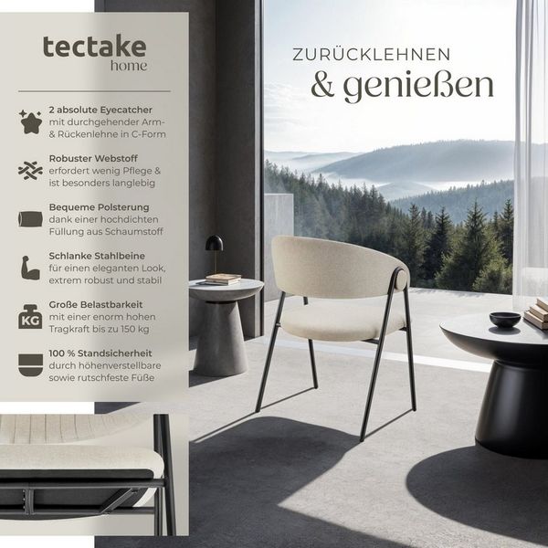 tectake Esszimmerstuhl Armlehnstuhl Bedano, gepolstert, Webstoff, Belastbarkeit 150 kg (Set, 2 St), Durchgehende Arm- und Rückenlehne in C-Form mit elegantem Steppmuster