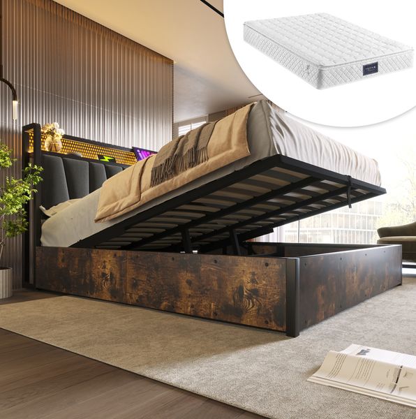 Polsterbett 160x200 cm mit LED-Beleuchtung und Stauraum – Leinenbezug in Grau, stabile Metallkonstruktion