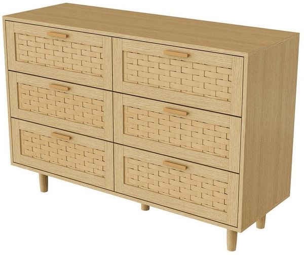 Simurq Kommode mit 6 Schubladen, Stauraumschrank für Wohnzimmer, Esszimmer, Flur (Schubkastenkommode,Sideboard Rattan geflecht,Massivholzbeine), 115 x 40 x 80 cm