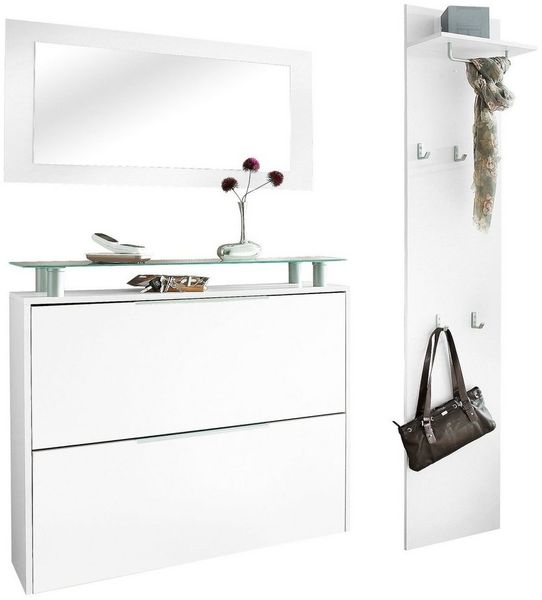 borchardt Möbel Garderoben-Set Rena mit Schuhschrank, Paneel und Spiegel, (3-St), Zur hängenden Montage. Mit Metallgriffen, Kleiderstange und Glasboden.