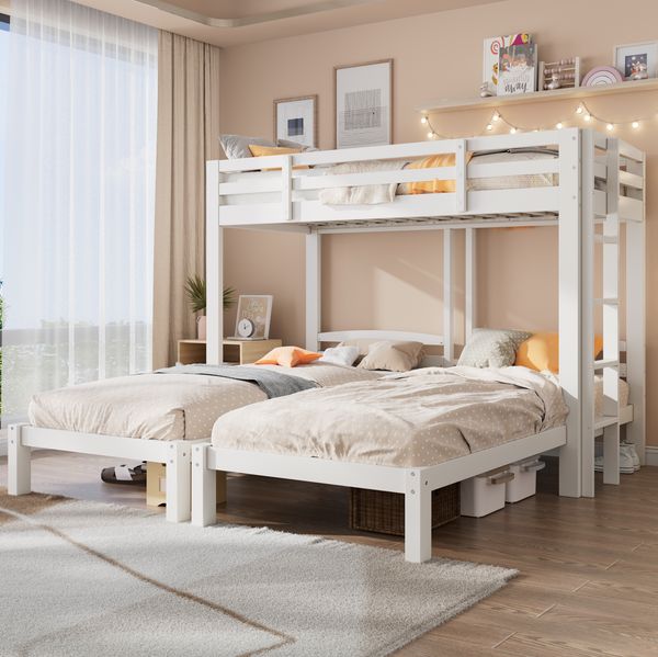 Dreierbett 208 x 207 x 162,5 cm mit Seitenleiter – dreifaches Etagenbett aus massivem Kiefernholz in Weiß