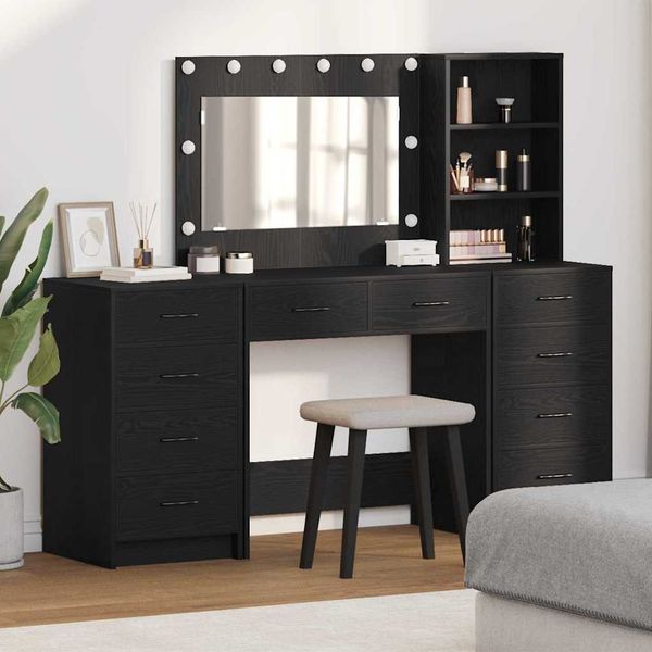 vidaXL Schminktisch mit Regal 3 pcs Schwarz Eichen-Optik Holzwerkstoff 3334210