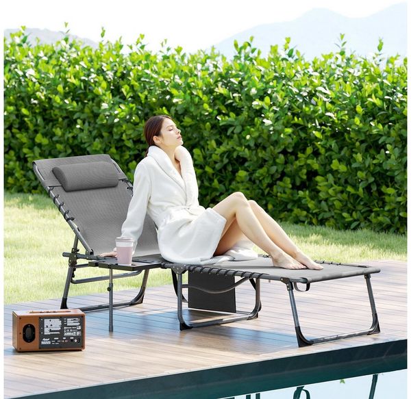 Outsunny Gartenliege mit Kopfkissen, 5-Fach verstellbare Rückenlehne, Liegestuhl, 1 St, Sonnenliege, für Garten Outdoor Strand Pool Grau