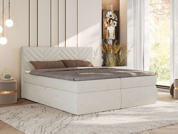 Boxspringbett AVERTA 140 x 200 cm mit Bettkasten und Topper, Doppelbett mit Bonnell-Federkernmatratze, gepolstertem Kopfteil, Stauraum, modernes Schlafzimmer Bett - Creme Schenille glatt - H3