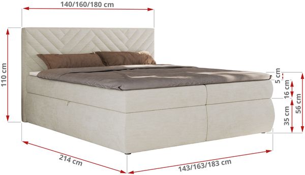 Boxspringbett AVERTA 140 x 200 cm mit Bettkasten und Topper, Doppelbett mit Bonnell-Federkernmatratze, gepolstertem Kopfteil, Stauraum, modernes Schlafzimmer Bett - Creme Schenille glatt - H3 Bild 6
