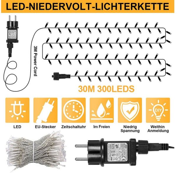 Rosnek Lichterkette 20M/30M/50M/100M 31V DC LED-Lichterkette, Timer, Speicherfunktion, 8 Modi für Zuhause Garten Hof Hochzeit Weihnachtsfeier Feiertag