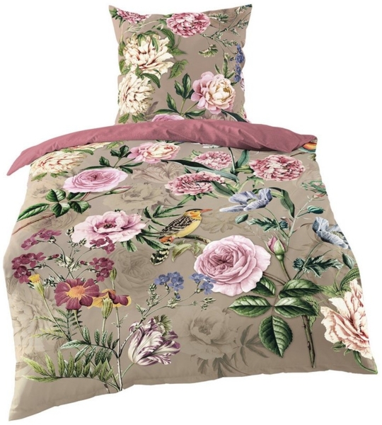 JACK Bettwäsche 135x200cm, Blumenparadies Taupe Rosa, Mako-Satin, 2 teilig, Blumenranken und Vögel auf dunklem Taupe