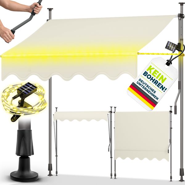 tillvex Klemmmarkise 200 cm Sand mit LED mit Handkurbel Balkon | Balkonmarkise ohne Bohren | Markise UV-beständig & höhenverstellbar | Sonnenschutz wasserdicht