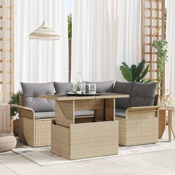 vidaXL Garten-Sofa-Set mit Kissen 5 pcs Beige Poly Rattan 3348276