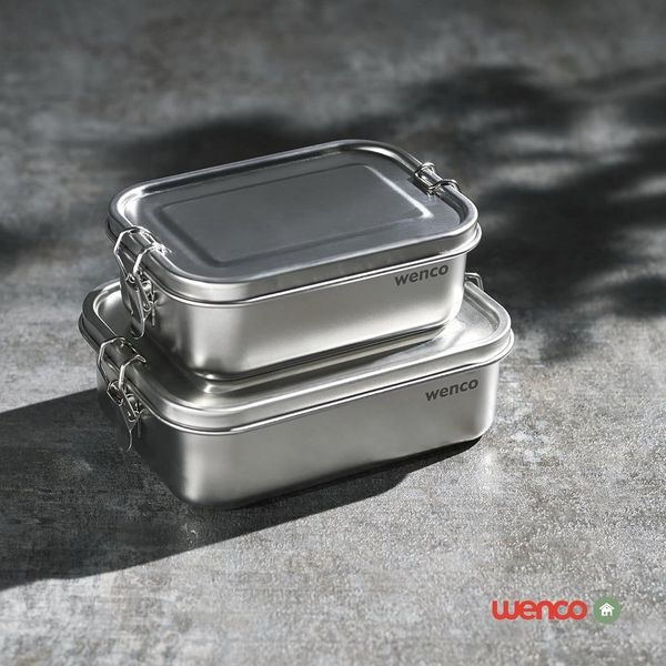 wenco Lunchbox aus Edelstahl, Mit 2 Fächern, Brotdose klein mit 650 ml Fassungsvermögen, Wasserdicht, Spülmaschinengeeignet, inkl. Ersatz-Silikonring, 15 x 11,3 x 5 cm, Silber