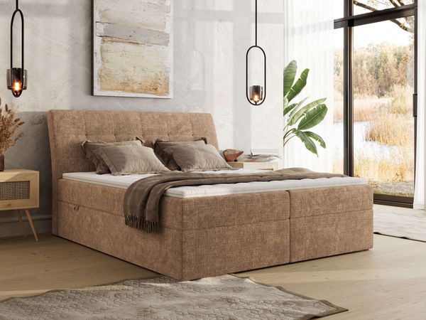 Boxspringbett DAGOS 180 x 200 cm mit Kopfteil, Lattenrost und Stauraum – Doppelbett mit Matratze & Topper T25 , stabile Konstruktion, Bettkasten, modernes Design - Hellbraun Schenille grob gewebt - H4