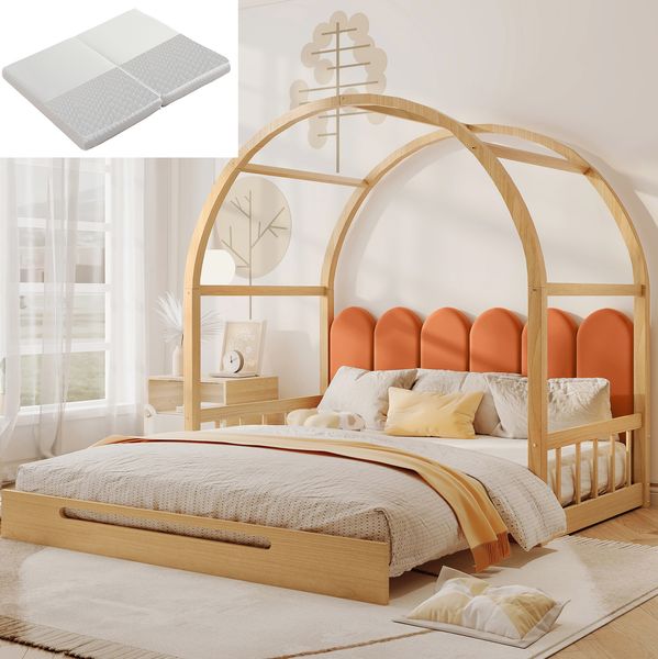 Bett 140x200 cm ausziehbar mit gewölbtem Dach und Matratze – Kiefernholz in Natur/Orange