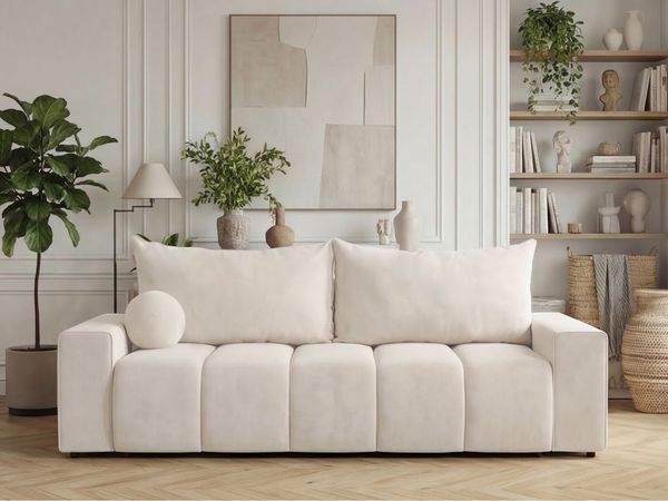 GRAINGOLD Schlafsofa Miro, mit Kissen, Couch 3-Sitzer, mit Wellenfeder und Bettkasten, Velour-Stoff, Creme