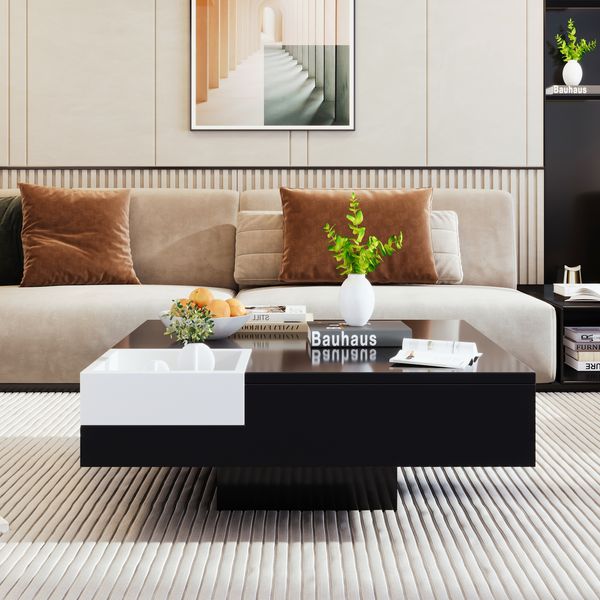 Couchtisch aus Spanplatte in Hochglanz mit abnehmbarer Aufbewahrungsbox & LED, 72x72x30 cm, Schwarz