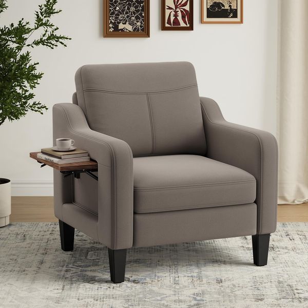 MALOL Sessel Wohnzimmer, Ohrensessel Wohnzimmer mit Ausklappbarer Holzseitentisch, Polstersessel mit Armlehnen Einzelsofa, Relaxsessel,Lesesessel für Wohnzimmer Büro Schlafzimmer, Braun