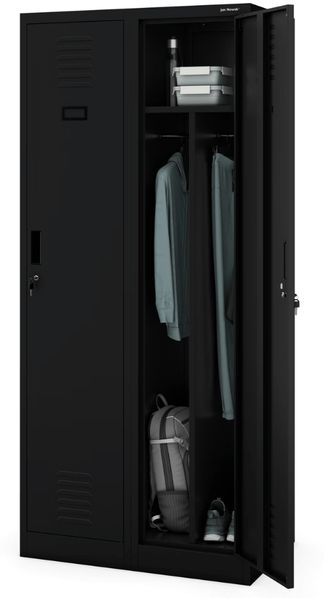 Umkleideschrank Spind KACPER - 2 Abteile, Etikettenhalter Lüftungsschlitze | Umkleidespind Metall Schließfachschrank Garderobenspind, 180x80x50cm Schwarz