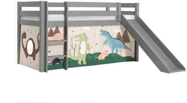 Kinderbett mit Rutsche Karolina Massivholz Grau Textilset Dino