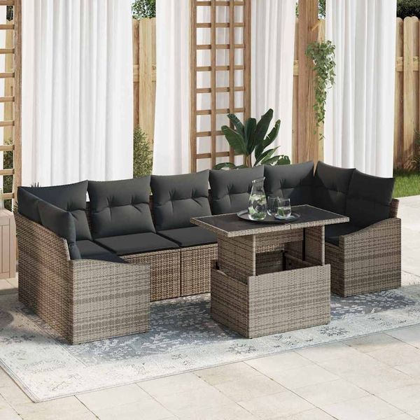 vidaXL Garten-Sofa-Set mit Kissen mit Speicher 8 pcs Grau Poly-Rattan 3357692