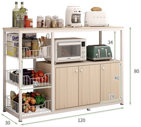 habeig Küchenbuffet Küchenschrank Regal 3 Ablagekörben 3 Türen 120 x 80 x 30 cm Metallrahmen