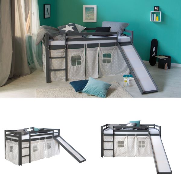 Hochbett Spielbett Kinderbett Leiter Kiefer Vorhang grau 90x200 Jugendbett Bild 8