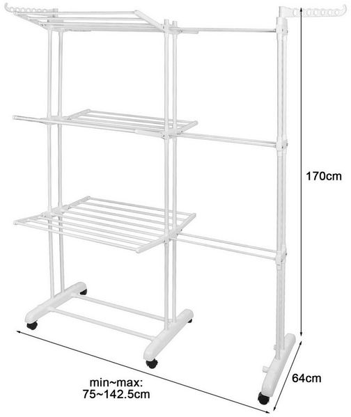 JEOBEST Wäscheständer Turm Ausziehbar wäschetrockner, Standtrockner Länge 75-142 cm, Trockengestell Trockenständer mit 6 klappbaren Flügeln,6 Rollen
