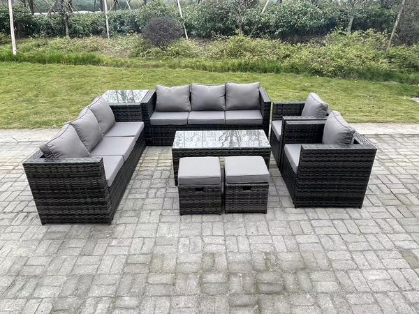 Fimous Rattan Gartenmöbel Lounge Sofa Set im Freien mit länglichem rechteckigem Couchtisch 2-teiligem Arm Stuhl Beistelltisch 2-Hocker